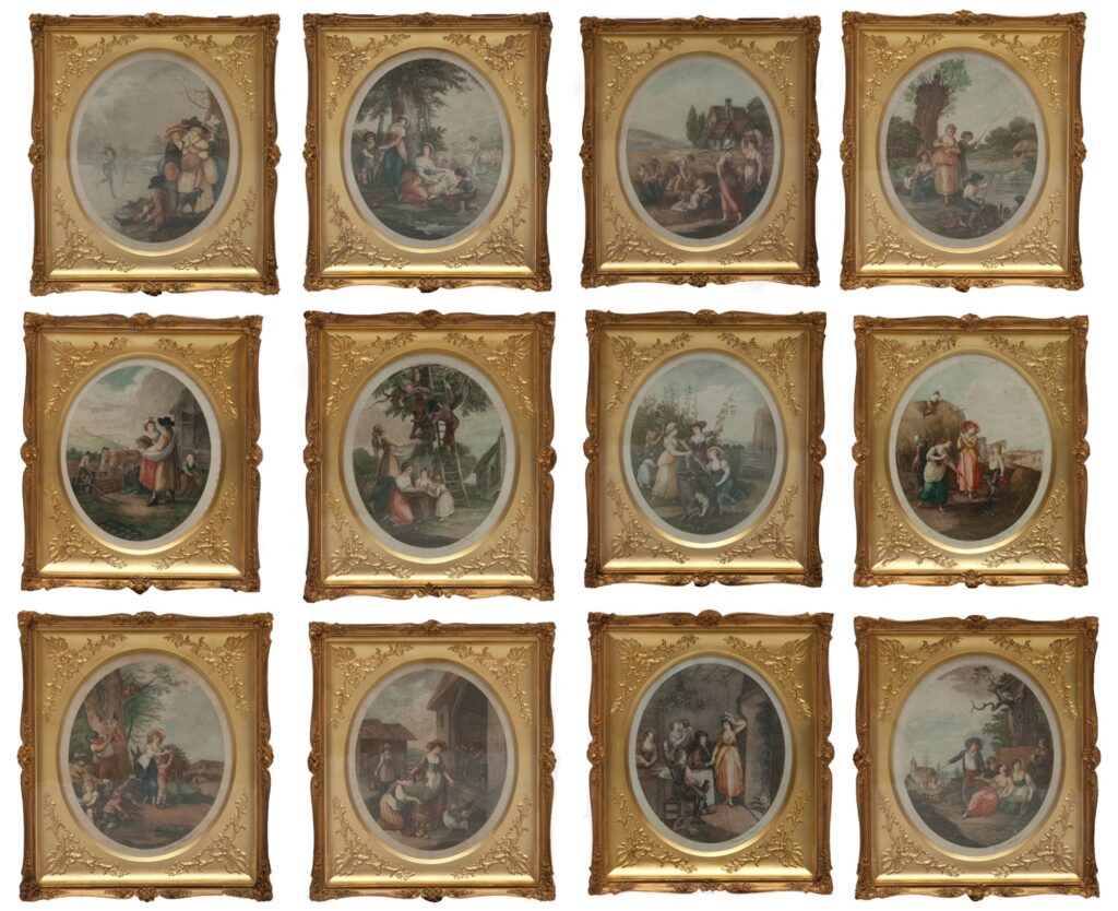 074 Set of 12 Framed Stipple Engravings after William Hamilton (1751-1801) - Months of The Year - Mezzotints